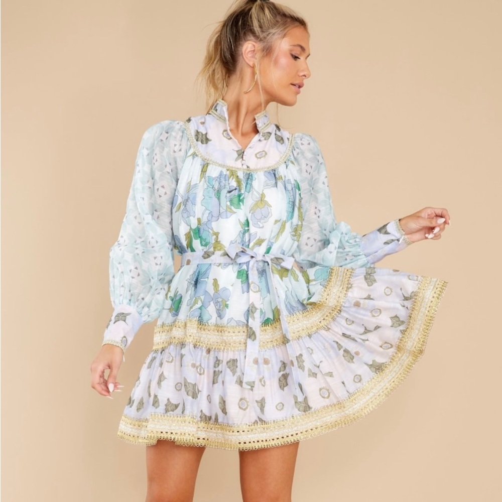 Green Floral Dress with Tie & Gold Embroidery